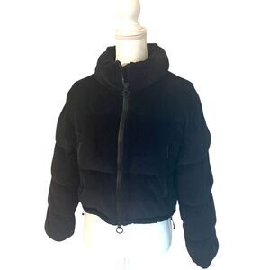 Urban Outfitters Womens Black Velvet Puffer Copped Jacket SMALL Zip Up Pockets
